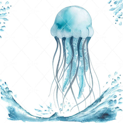 WM STOCK PHOTO Sea Life Watercolour Jellyfish Floating With Splashing Water Square Size