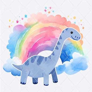 WM STOCK PHOTO Dinosaurs Watercolour Tall Blue Dinosaur with Rainbow Clouds & Stars Square Size