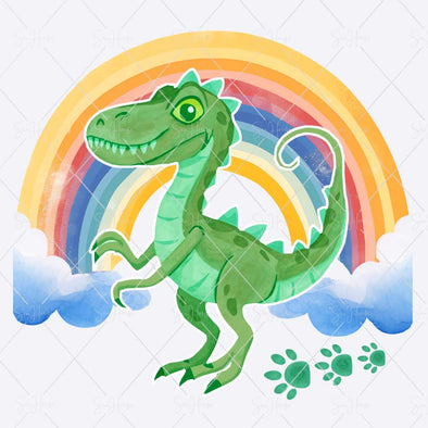 WM STOCK PHOTO Dinosaurs Watercolour Green Dinosaur with Footprints Rainbow & Clouds Square Size