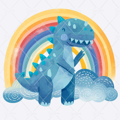 WM STOCK PHOTO Dinosaurs Watercolour Tall Blue Dinosaur on Rainbow & Swirl Clouds Square Size