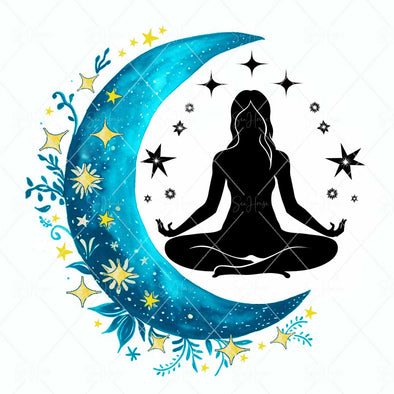 WM STOCK PHOTO Yoga Celestial Yoga Sitting Pose Palms Up Quarter Moon & Yellow Stars Square Size