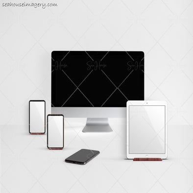 WM STOCK PHOTO Tech Blank Phones MacBook IPad On Right Light Grey Background Square Size