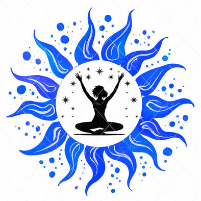 WM STOCK PHOTO Yoga Celestial Yoga Squatting Pose Semi Circle Black Stars Inside Blue Sun Square Size