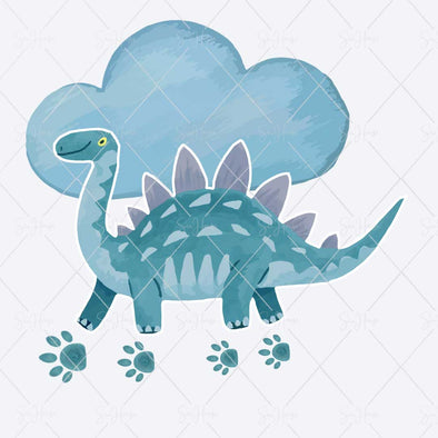 WM STOCK PHOTO Dinosaurs Watercolour Tall Blue Dinosaur with Footprints & Big Cloud Square Size
