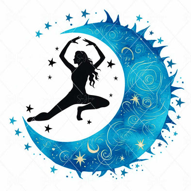 WM STOCK PHOTO Yoga Celestial Yoga Stretch Pose Half Moon Swirls & Stars Square Size