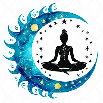 WM STOCK PHOTO Yoga Celestial Yoga Sitting Pose Quarter Moon Wave Swirls Black Stars Square Size