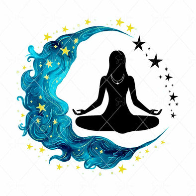 WM STOCK PHOTO Yoga Celestial Girl Yoga Sitting Pose Quarter Moon Swirls & Stars Square Size