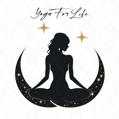 WM STOCK PHOTO Yoga Celestial "Yoga For Life" Girl Sitting in Yoga Pose with Half Moons & Gold Stars Square