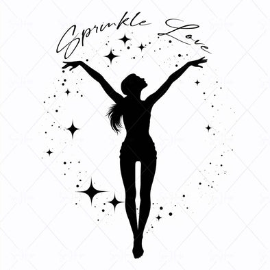 WM STOCK PHOTO Yoga Celestial "Sprinkle Love" Girl Standing Big & Small Black Stars Around Her Square