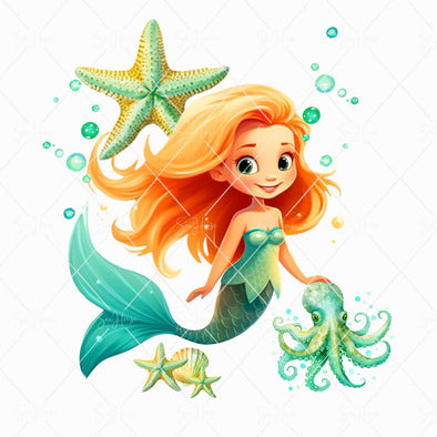 WM STOCK PHOTO Mermaid Watercolours Yellow & Green Mermaid Starfish & Octopus Square Size