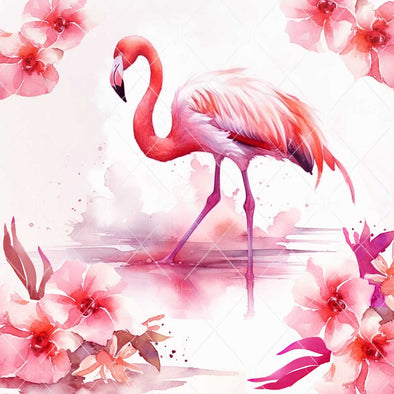 WM STOCK PHOTO Sea Life Watercolour Flamingo On Water Bordered by Pink Flowers Square Size