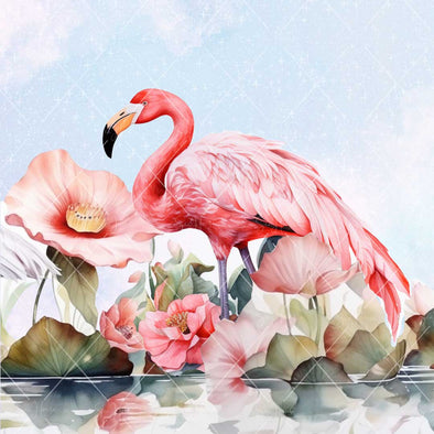 WM STOCK PHOTO Sea Life Watercolour Flamingo Standing Amongst Lily Pads and Flowers Square Size