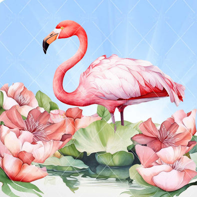 WM STOCK PHOTO Sea Life Watercolour Flamingo on Lily Pads and Large Pink Flowers Square Size