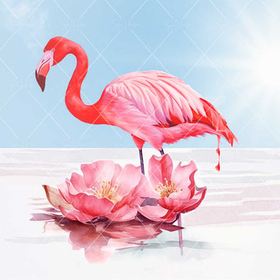 WM STOCK PHOTO Sea Life Watercolour Flamingo In Water With Large Water Lilies Square Size