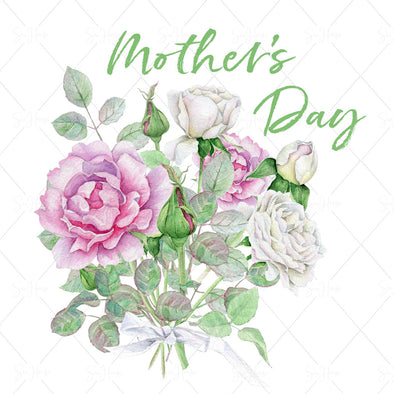 STOCK PHOTO Happy Mother's Day Bouquet of Pink & White Roses & Ribbon Bow Square Size