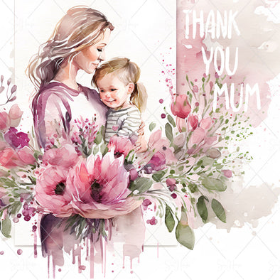 STOCK PHOTO Happy Mother's Day Young Mum & Toddler Surrounded By Pink Flowers Thank You Mum Square Size