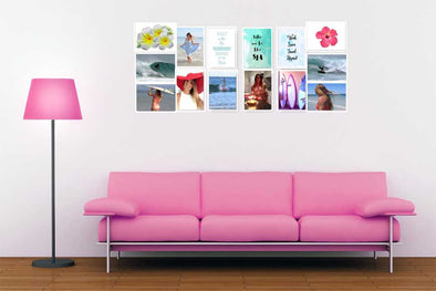 Blog Post 9 Creative Ways to Display Your Instant Art showing stock photos on wall with pink lounge and pink lamp accessories