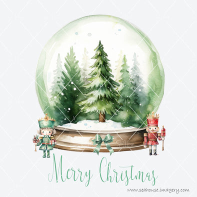 WM STOCK PHOTO Merry Xmas Watercolour Green Christmas Tree in Snowball Toy Soldiers Green Text Square Size