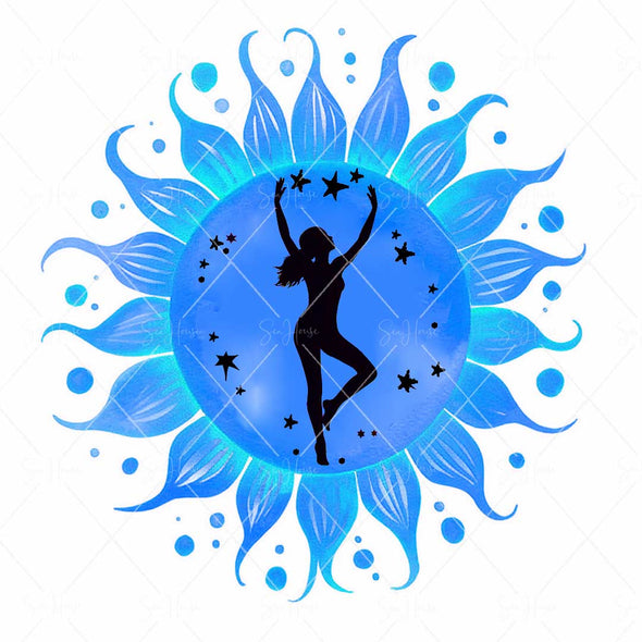 WM STOCK PHOTO Yoga Celestial Yoga Standing Reaching Up Pose Black Stars Inside Blue Sun Square Size