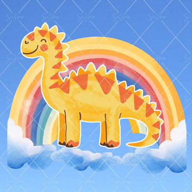 WM STOCK PHOTO Dinosaurs Watercolour Yellow Dinosaur on Rainbow & Clouds on Blue Background Square Size