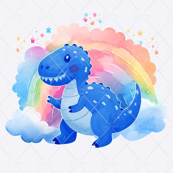 WM STOCK PHOTO Dinosaurs Watercolour Bright Blue Dinosaur Painted Rainbow Clouds & Stars Square Size