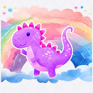 WM Dinosaurs Watercolour Pink Dinosaur on Rainbow & Clouds Square