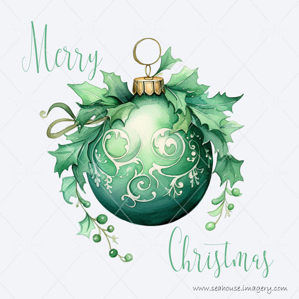 WM STOCK PHOTO Merry Xmas Watercolour Green Bauble Green Text Square Size