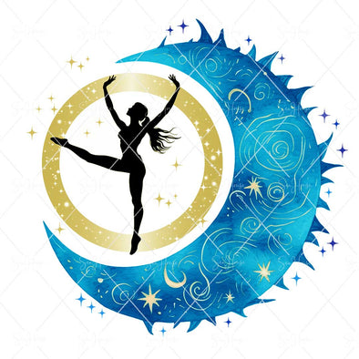 WM STOCK PHOTO Yoga Celestial Yoga Standing Pose With Gold Circle & Stars Inside Quarter Moon Square Size