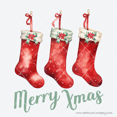 WM STOCK PHOTO Merry Xmas Watercolour Three Red Stockings Green Text Square Size