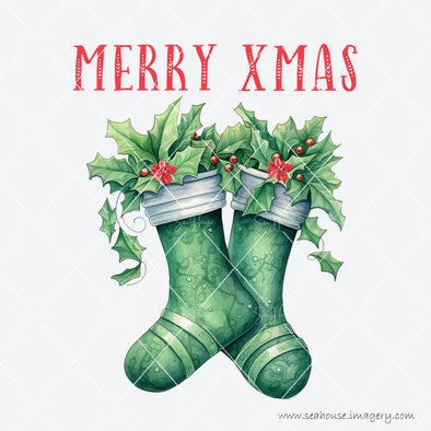 WM STOCK PHOTO Merry Xmas Watercolour Two Green Stockings Red Poinsettias Green Holy LeavesRed Text Square Size