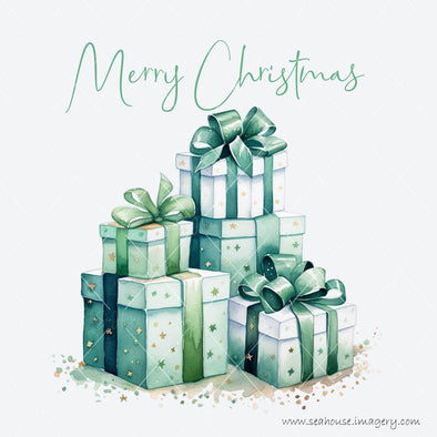 WM STOCK PHOTO Merry Xmas Watercolour Boxed Presents Gifts Ribbon & Stars Green Text Square Size