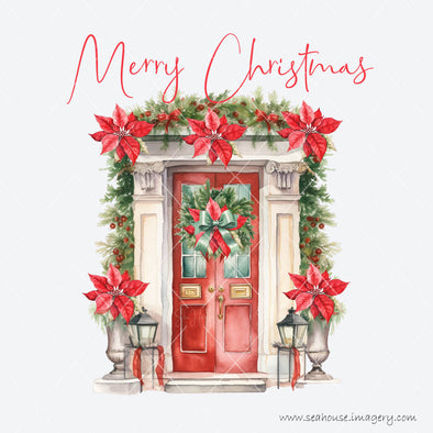 WM STOCK PHOTO Merry Xmas Watercolour Red Door Entrance Red Leaves Green Bow Lanterns Arbour Red Text Square Size