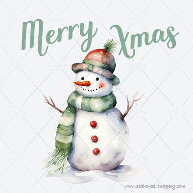 WM STOCK PHOTO Merry Xmas Watercolour Snowman in scarf hat 3 buttons Green Text Square Size