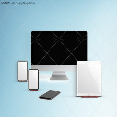WM STOCK PHOTO Tech Blank Phones MacBook IPad On Right Blue Background Square Size