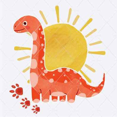 WM STOCK PHOTO Dinosaurs Watercolour Tall Orange Dinosaur with Footprints & Sun Square Size