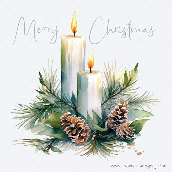 WM STOCK PHOTO Merry Xmas Watercolour Candles Pine Cones Greenery Green Text Square Size