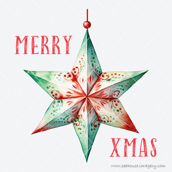WM STOCK PHOTO Merry Xmas Watercolour Red Green White Star Red Text Square Size