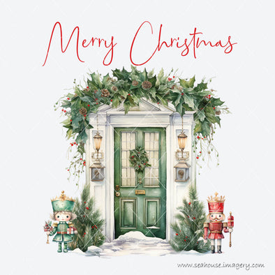 WM STOCK PHOTO Merry Xmas Watercolour Green Door Entrance Red Text Square Size