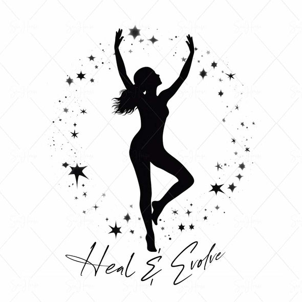 WM STOCK PHOTO Yoga Celestial "Heal & Evolve" Girl Standing Yoga Pose Black Stars All Around Square