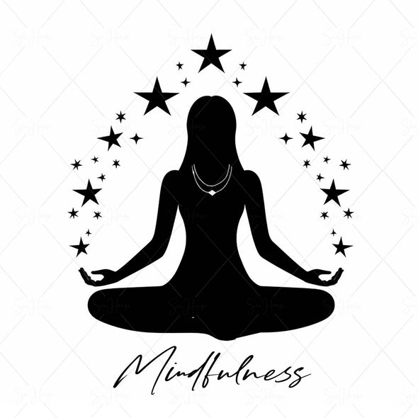 WM STOCK PHOTO Yoga Celestial "Mindfulness" Girl Sitting in Yoga Pose with Necklaces Big & Small Black Stars Square