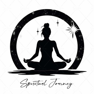 WM STOCK PHOTO Yoga Celestial "Spiritual Journey" Girl Sitting Cross-Legged Yoga Pose Black Shadow & Black Circle with Big White Star Square