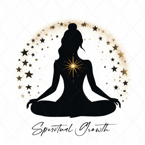 WM STOCK PHOTO 3 Yoga Celestial "Spiritual Growth" Girl Cross-Legged Gold Heart Semi-Circle Gold Stars Square