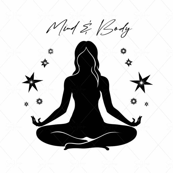 WM STOCK PHOTO Yoga Celestial Mind & Body Girl Cross-Legged Palms Up B&W Stars Square