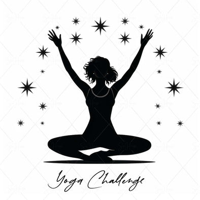 WM STOCK PHOTO Yoga Celestial "Yoga Challenge" Girl Squatting Yoga Pose Semi-Circle of Black Stars Square