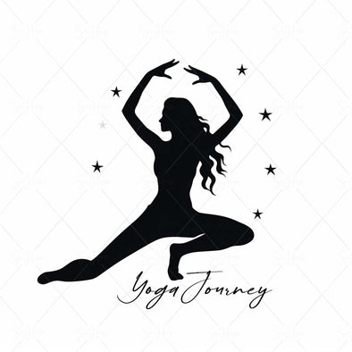 WM STOCK PHOTO Yoga Celestial "Yoga Journey" Girl with Long Hair Yoga Pose Arms Up Few Black Stars Square