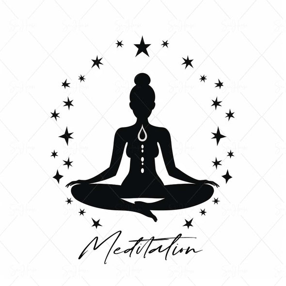 WM STOCK PHOTO Yoga Celestial "Meditation" Girl Sitting in Yoga Pose Central Heart Black Stars Square