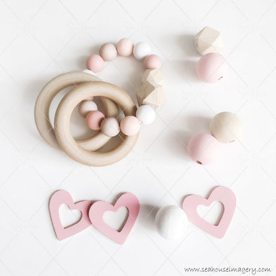 WM STOCK PHOTO Mums & Bubs Baby Girl Wooden Rings & Bead Rattle Pink Hearts at bottom 5847 Square Size