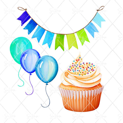 WM STOCK PHOTO Food Watercolour Cup Cake With Sprinkles & Blue Green Celebration Banner & Balloons Square Size