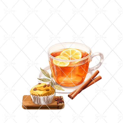 WM STOCK PHOTO Food Watercolour Cup of Lemon Tea With Chocolate Chip Cup Cake Square Size