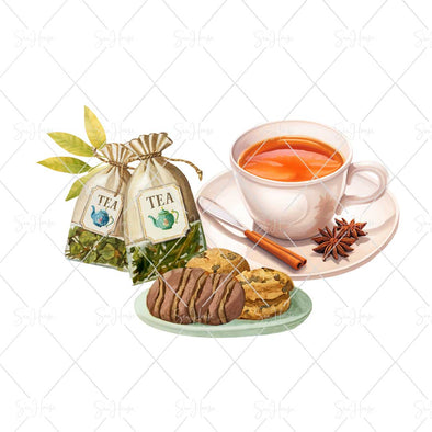 WM STOCK PHOTO Food Watercolour Cup of Tea Two Tea Bags & Plate of Biscuits Square Size